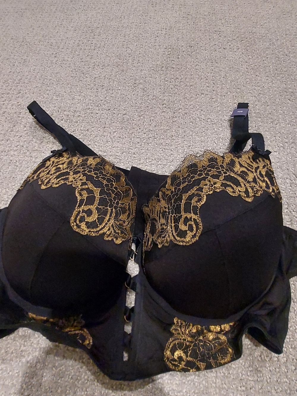 Cacique Black Bra with Gold Lace Embroidery